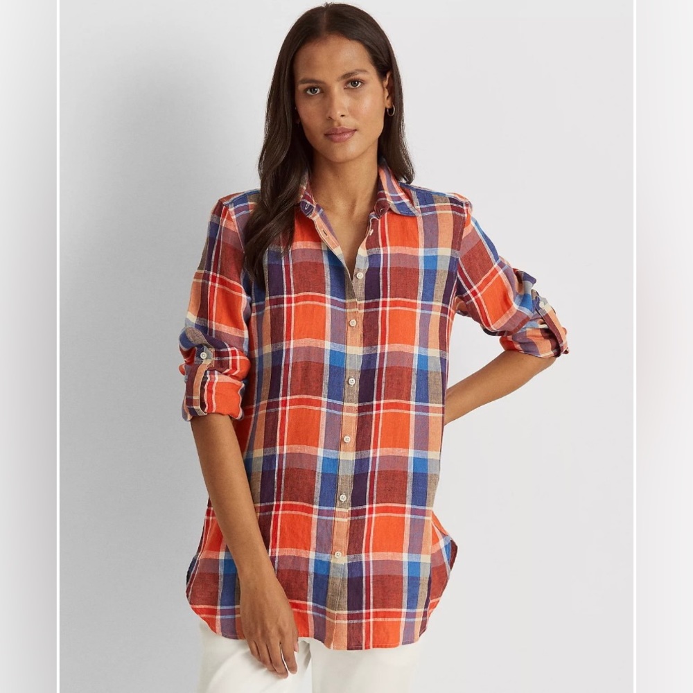 $115 Ralph Lauren Women's Red LaurenPlaid Linen Shirt Size XL